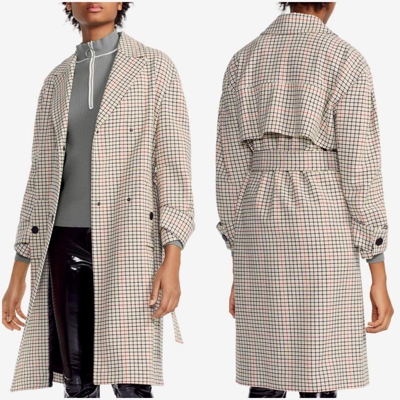 MAJE PRINCE OF WALES CHECKED TWILL TRENCH COAT IN BEIGE FR 36 US 4 - Picture 2 of 11